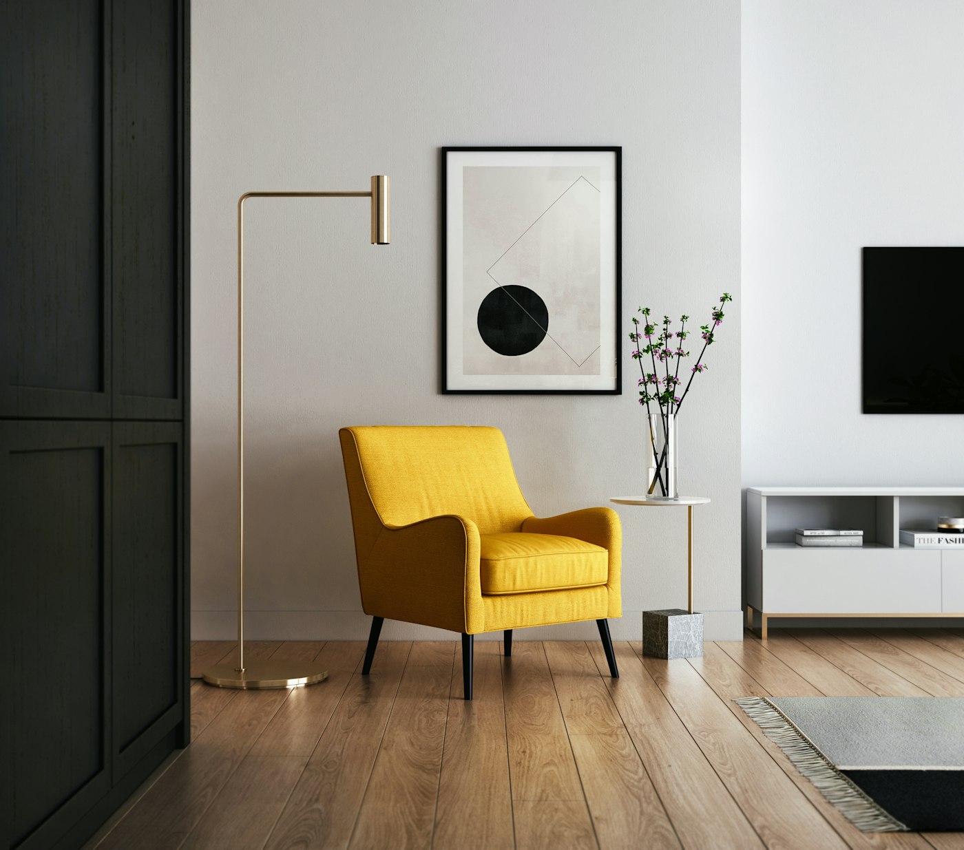 Placeholder open-plan interior with timber floors